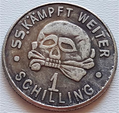 WW2 GERMAN NAZI RARE WAFFEN SS TOTENKOPF EARLY PANZER GRENADIER SS Kampft Weiter 1 Schilling Kantine bar money COIN WITH SS PANZER SKULL