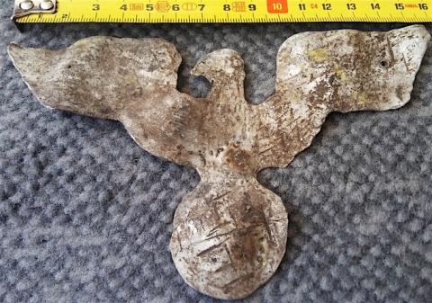 WW2 GERMAN NAZI RELIC FOUND IN RUSSIAN POCKET WHERE THE WAFFEN SS TOTENKOPF PANZER GRANDIER DIVISION PERISHED - THIN METAL EAGLE TANK PLATE WITH SWASTIKA