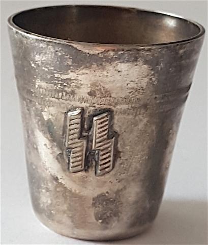 WW2 GERMAN NAZI RELIC FOUND WAFFEN SS VODKA SILVER CUP WITH SS RUNES KANTINE SS