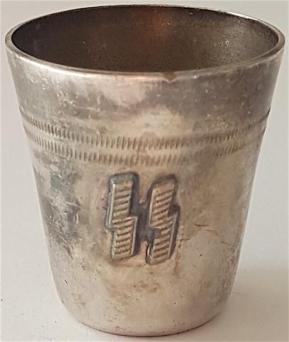 WW2 GERMAN NAZI RELIC FOUND WAFFEN SS VODKA SILVER CUP WITH SS RUNES KANTINE SS