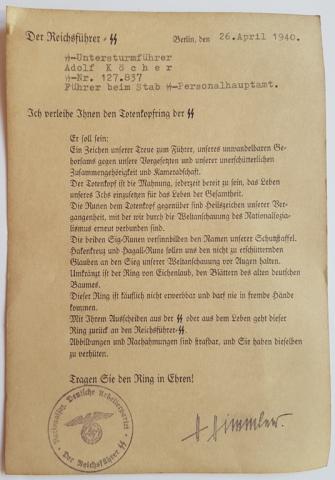 WW2 GERMAN NAZI ***REPLIKA*** OF THE WAFFEN SS TOTENKOPF HIMMLER HONOR RING WITH RARE AWARD DOCUMENT - EXACT REPLIKA WW2 GERMAN NAZI ***REPLIKA*** OF THE WAFFEN SS TOTENKOPF HIMMLER HONOR RING WITH RARE AWARD DOCUMENT - EXACT REPLIKA