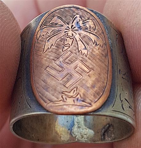 WW2 GERMAN NAZI UNIQUE AFRIKA KORPS CAMPAIGN SILVER RING IN CASE WITH SWASTIKA - WAFFEN SS - WEHRMACHT