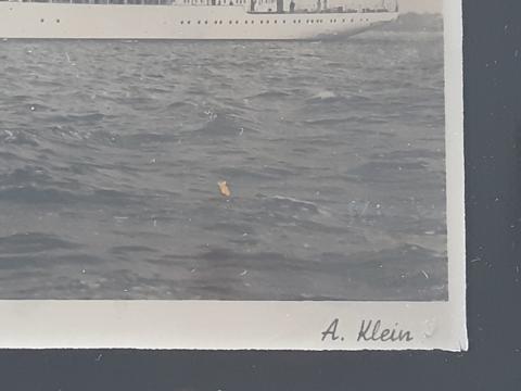 WW2 GERMAN NAZI UNIQUE PIECE OF HISTORY ADOLF HITLER PERSONAL YACHT POSTCARD WITH ORIGINAL ADOLF HITLER SIGNATURE AUTOGRAPH WITH NSDAP MEMBERSHIP PIN AND HITLER PHOTO IN FRAME - ALSO SIGNED BY WERNER VON BLOMBERG