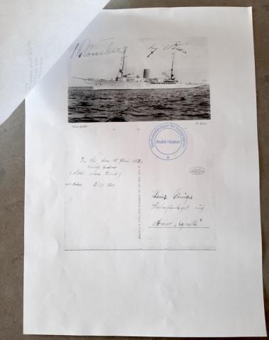 WW2 GERMAN NAZI UNIQUE PIECE OF HISTORY ADOLF HITLER PERSONAL YACHT POSTCARD WITH ORIGINAL ADOLF HITLER SIGNATURE AUTOGRAPH WITH NSDAP MEMBERSHIP PIN AND HITLER PHOTO IN FRAME - ALSO SIGNED BY WERNER VON BLOMBERG