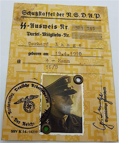 WW2 GERMAN NAZI VERY RARE EARLY WAFFEN SS ID AUSWEIS WITH HIMMLER FACSIMILE SIGNATURE + PHOTO, STAMP