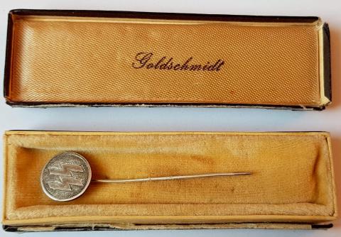 WW2 GERMAN NAZI WAFFEN SS RARE SILVER MEMBERSHIP STICKPIN IN ORIGINAL CASE - MARKED SILVER 800 - THIRD REICH EAAGLE AND MAKER RATH