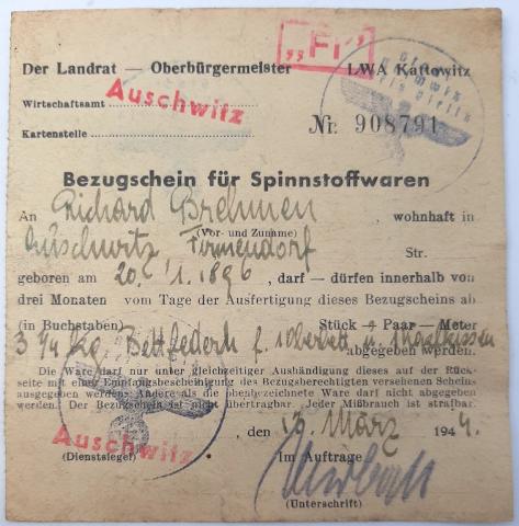 AUSCHWITZ CONCENTRATION CAMP ORDER OF TEXTILE DOCUMENT stamped RARE