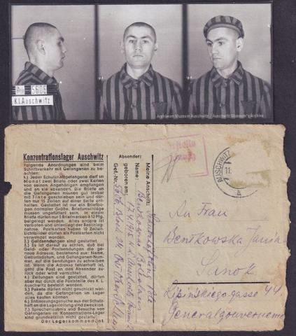 Concentration camp Auschwitz feldpost inmate letter enveloppe mug photo holocaust original