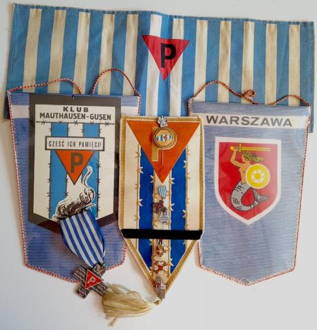 Concentration camp Dachau & Mauthausen inmate survivor grouping of pennants, medals, pins, flags