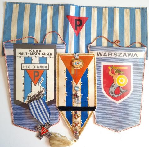 Concentration camp Dachau & Mauthausen inmate survivor grouping of pennants, medals, pins, flags