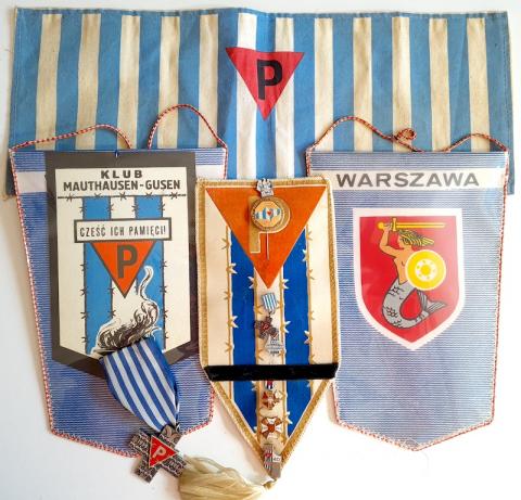 Concentration camp Dachau & Mauthausen inmate survivor grouping of pennants, medals, pins, flags