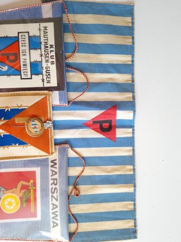 Concentration camp Dachau & Mauthausen inmate survivor grouping of pennants, medals, pins, flags