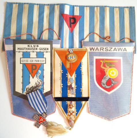 Concentration camp Dachau & Mauthausen inmate survivor grouping of pennants, medals, pins, flags