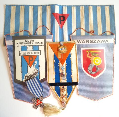 Concentration camp Dachau & Mauthausen inmate survivor grouping of pennants, medals, pins, flags