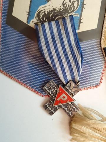 Concentration camp Dachau & Mauthausen inmate survivor grouping of pennants, medals, pins, flags