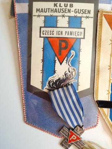 Concentration camp Dachau & Mauthausen inmate survivor grouping of pennants, medals, pins, flags