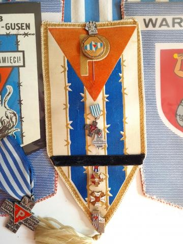 Concentration camp Dachau & Mauthausen inmate survivor grouping of pennants, medals, pins, flags