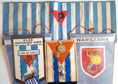 Concentration camp Dachau & Mauthausen inmate survivor grouping of pennants, medals, pins, flags