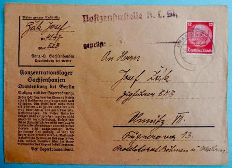 Concentration Camp Sachsenhausen inmate's letter feldpost enveloppe holocaust jew jewish