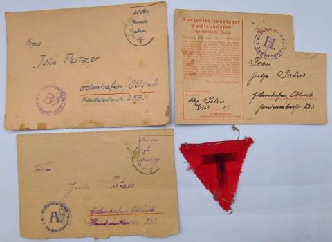 Concentration Camp Sachsenhausen letters political red triangle uniform patch inmate authentic original artifact holocaust jew jewish