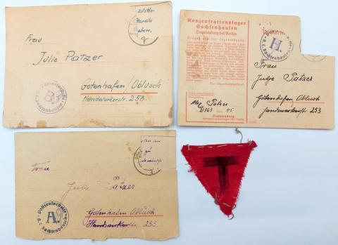 Concentration Camp Sachsenhausen letters political red triangle uniform patch inmate authentic original artifact holocaust jew jewish