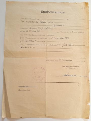 Death certificate from concentration camp Auschwitz 1942 signed by a waffen SS commando and Auschwitz stamp