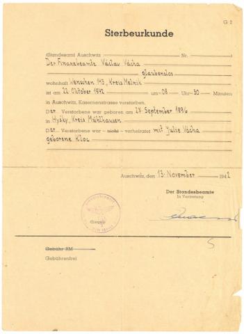 Death certificate from concentration camp Auschwitz 1942 signed by a waffen SS commando and Auschwitz stamp