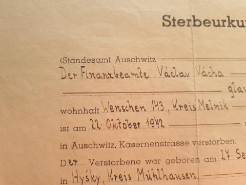 Death certificate from concentration camp Auschwitz 1942 signed by a waffen SS commando and Auschwitz stamp