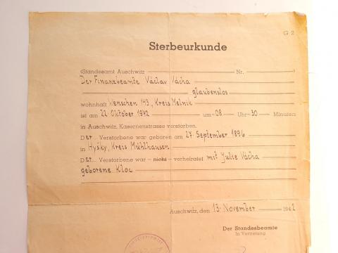 Death certificate from concentration camp Auschwitz 1942 signed by a waffen SS commando and Auschwitz stamp