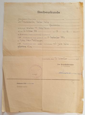 Death certificate from concentration camp Auschwitz 1942 signed by a waffen SS commando and Auschwitz stamp
