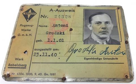 Forced Labor Metal ID + worksheet from an employee of GmbH Aviation plan ARADO - Ausweis ID