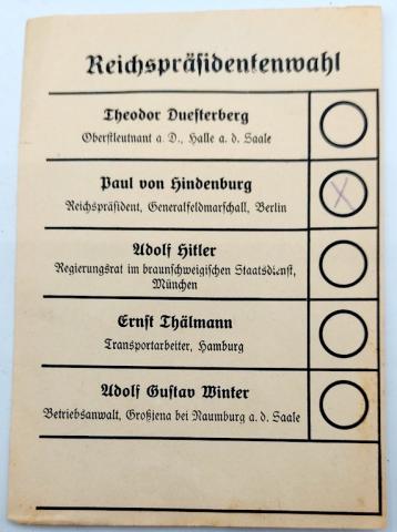 German 1931 election paper for Third Reich Adolf Hitler against Hindenburg