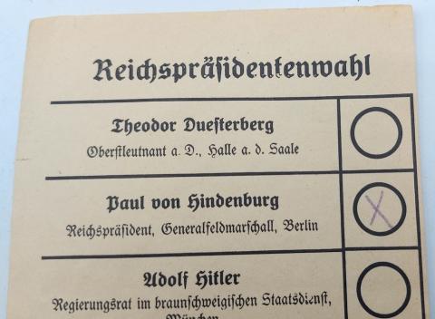 German 1931 election paper for Third Reich Adolf Hitler against Hindenburg German 1931 election paper for Third Reich Adolf Hitler against Hindenburg