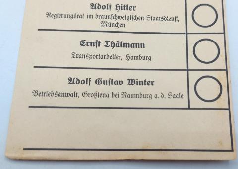 German 1931 election paper for Third Reich Adolf Hitler against Hindenburg German 1931 election paper for Third Reich Adolf Hitler against Hindenburg