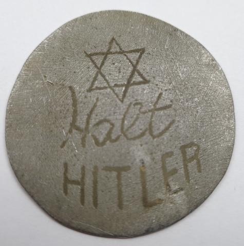 Halt Hitler anti-Nazi propaganda METAL pin with a Star of David HOLOCAUST JEW JEWISH