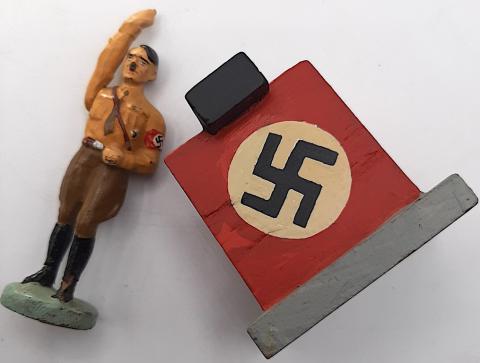 RARE THIRD REICH NSDAP ADOLF HITLER FIGURINE + PODIUM ELASTOLIN TOY SWASTIKA