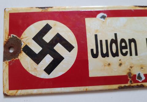 SCARCE Anti Jewish enamel metal sign JUDEN NOT ALLOWED HERE - with swastika - holocaust jew jude jood antisemitic