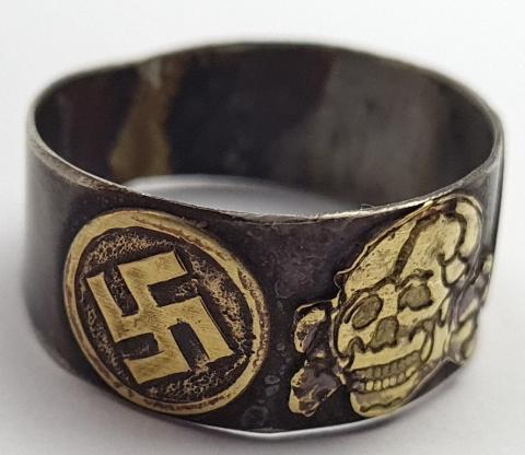 Waffen SS Totenkopf custom ring with SS runes - Swastika - Skull - marked and dated 1941