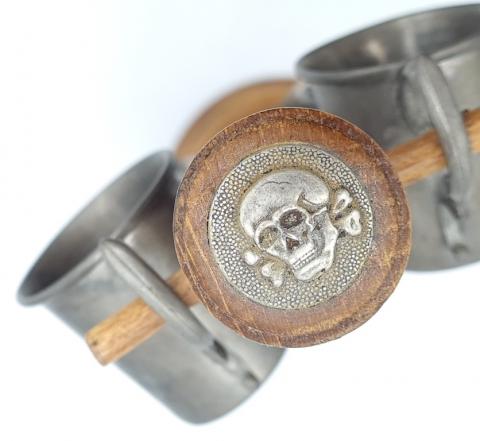 Waffen SS Totenkopf division amazing set of silverware shooter cup on a wooden tree with a ss cap button on top