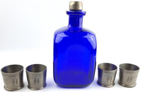 Waffen SS Totenkopf glass carafe bottle with SS runes on cups and skull on cap and cups