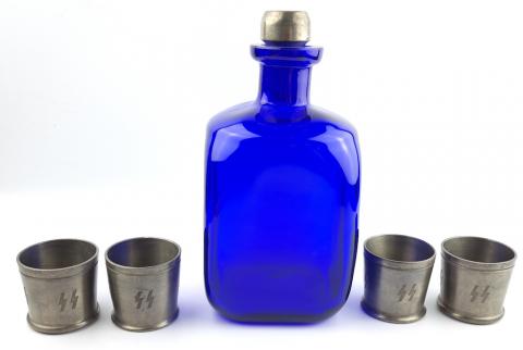Waffen SS Totenkopf glass carafe bottle with SS runes on cups and skull on cap and cups