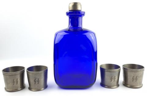 Waffen SS Totenkopf glass carafe bottle with SS runes on cups and skull on cap and cups