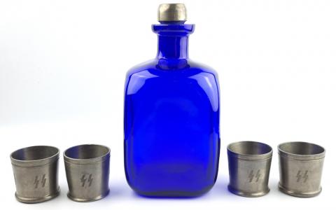 Waffen SS Totenkopf glass carafe bottle with SS runes on cups and skull on cap and cups