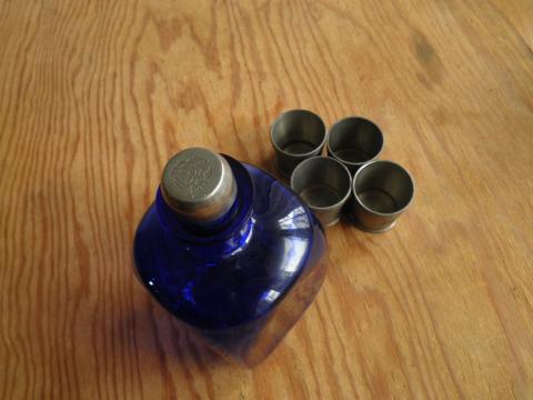 Waffen SS Totenkopf glass carafe bottle with SS runes on cups and skull on cap and cups