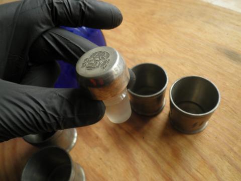 Waffen SS Totenkopf glass carafe bottle with SS runes on cups and skull on cap and cups