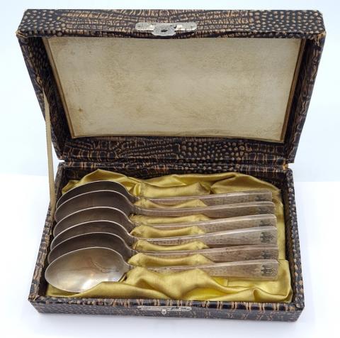 Wehrmacht officer engraved spoons case third reich eagle original silverware ah eb monogram