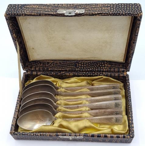 Wehrmacht officer engraved spoons case third reich eagle original silverware ah eb monogram