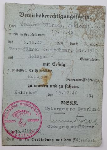 WW2 German Nazi NSKK driver's license ID with an original signature from a general of the NSDAP Obergruppenführer dated Karlsbad 1942