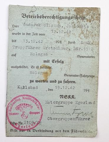 WW2 German Nazi NSKK driver's license ID with an original signature from a general of the NSDAP Obergruppenführer dated Karlsbad 1942