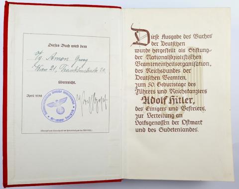WW2 GERMAN NAZI RARE ADOLF HITLER MEIN KAMPF BOOK ANNIVERSARY EDITION 1939 - dedicated stamped and signed